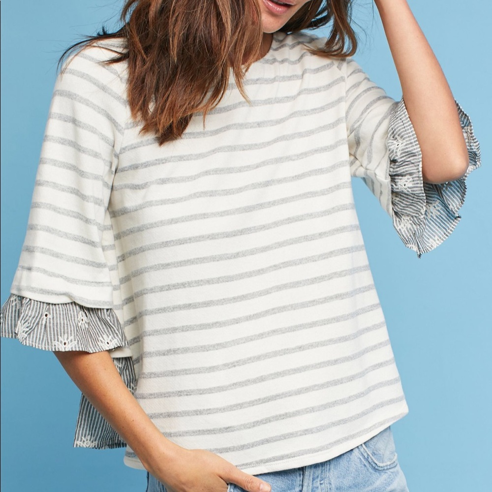 Striped Ruffle Sleeve Women’s Top - White & Gray